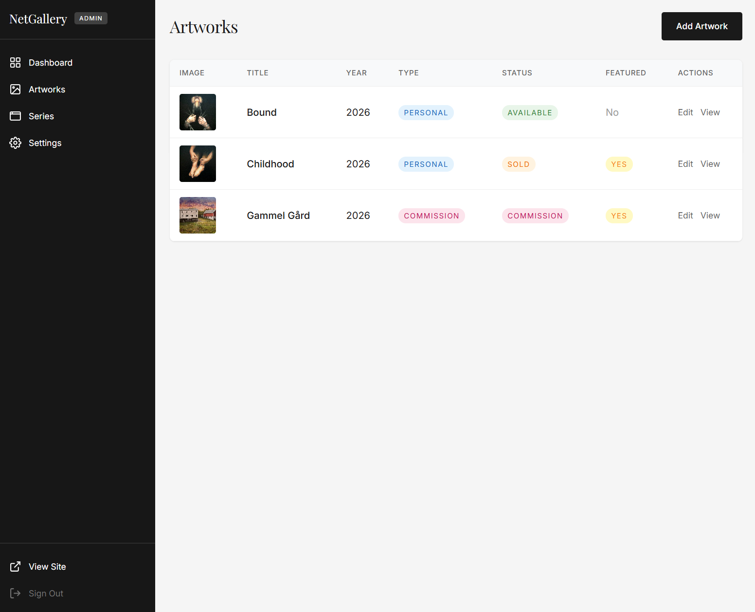 Artwork management interface